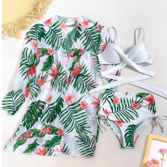 3 Piece Tropical Print Swimwear Set White - Picture 3 of 10